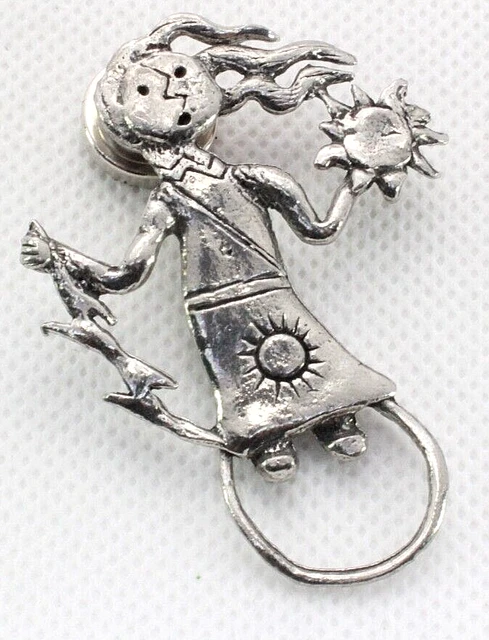 Brooch Pin Magnet Charm Holder - Signed H Adams - Girl Wind Sun Lightning