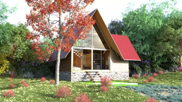 Plano moderno de cabaña con plano PDF, archivo DWG e imagen de diseño 3D - 370 pies cuadrados
