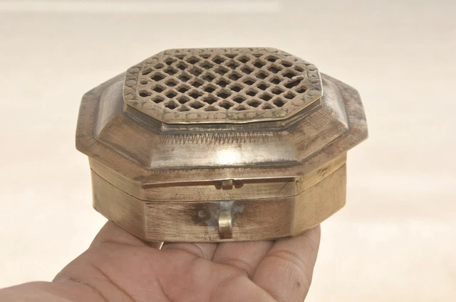 Old Brass Handcrafted Jali Cut 3 Compartment Betel Nut Box
