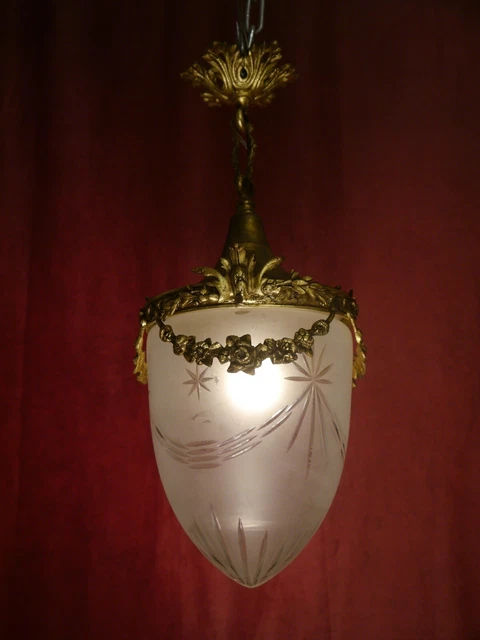 "Fina Lámpara De Latón Antigua Art Nouveau Pequeña Araña Vidrio Antiguo De Colección Ø 8"