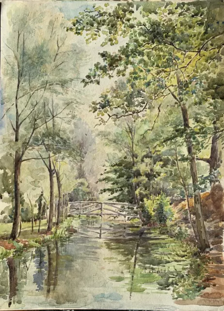 Original Watercolour Landscape River Trees English School Unsigned 12x9"