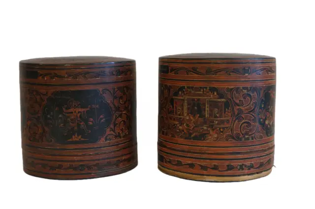 2 Burmese Asian Lacquer Hand Painted 3 Piece Betel Nut Boxes Antique
