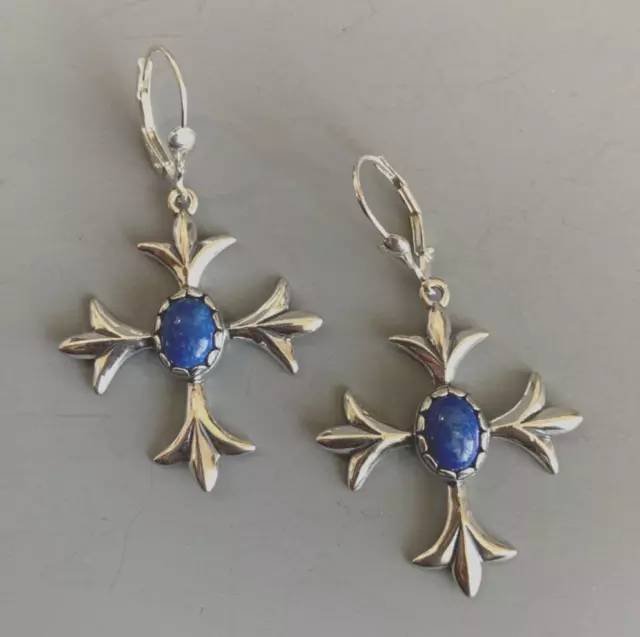 CAROLYN POLLACK American West Sterling LAPIS Squash Blossom CROSS Earrings NEW