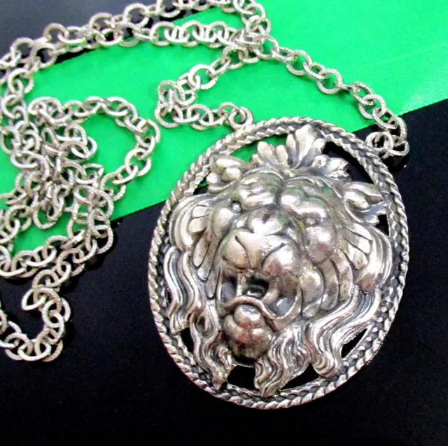 Vtg Runway Napier Silver Lion Pendant Necklace Book Piece Fujio Repousse