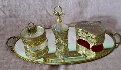 Vtg dresser vanity set 24kt gold plated, mirror tray, jewel box, perfume bottle