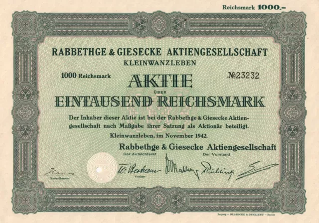 Rabbethge & Giesecke - Kleinwanzleben - 1942 - KWS Einbeck - Aktie - 1.000 RM -
