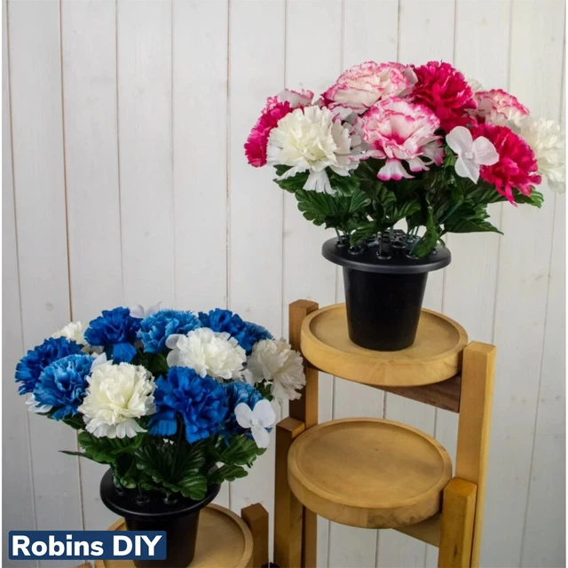2 X Memorial Grave - Cemetery Pots With Artificial Flowers - Carnation Mixed
