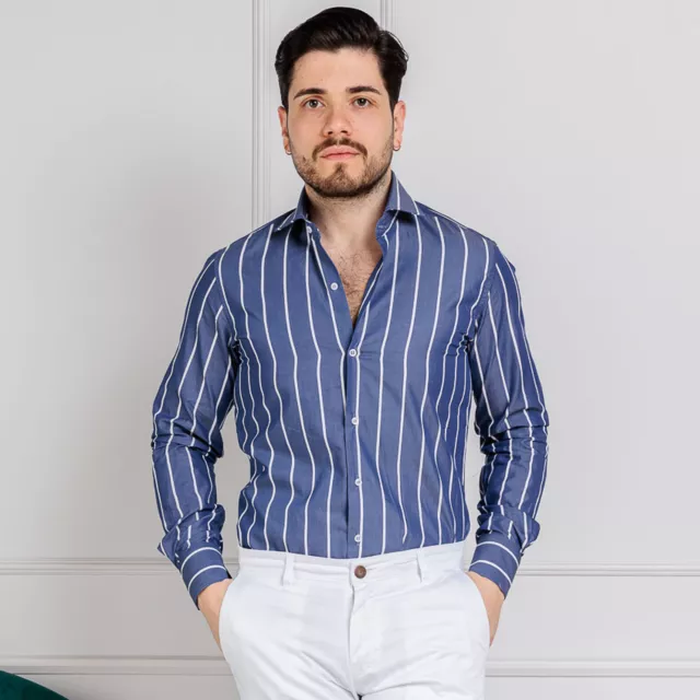 Camicia Uomo Manica Lunga Fantasia Righe Cotone Slim Casual Sartoriale Italiana