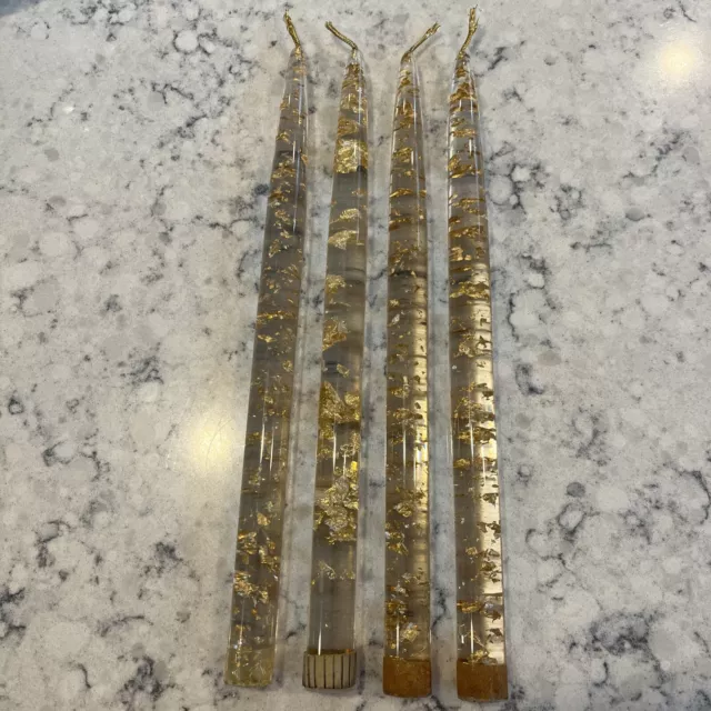 Lucite Acrylic 11.5” Taper Candles Gold Flecks MCM Set Of Four