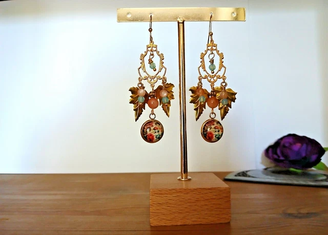 Boucles D'oreilles Vintage Bohème Pierres Cabochons Verre - Fait Main - Occasion