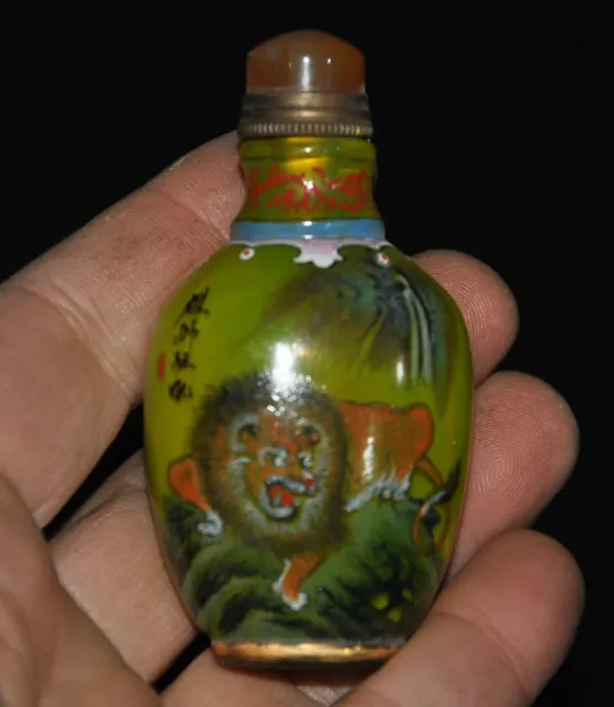 2.8" old China Glass Colored glaze painting fengshui Lion snuff bottle statue