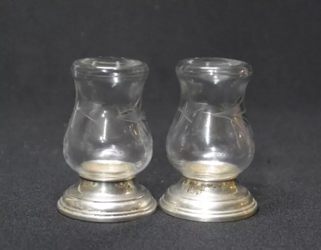 Vintage Etched Glass and Sterling Silver Salt and Pepper Shakers; Alvin 270