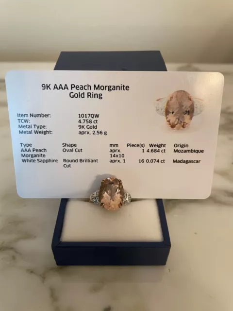 9k Gold AAA Mozambique Peach Colour 4.684ct Morganite & White Sapphire Ring