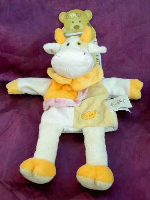 Doudou marionnette girafe vache  jaune orange rose   BABYNAT BABY NAT'