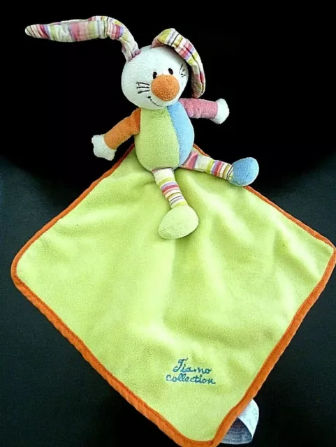 *. DOUDOU PELUCHE TIAMO COLLECTION LAPIN Bleu vert orange rose MOUCHOIR - TBE