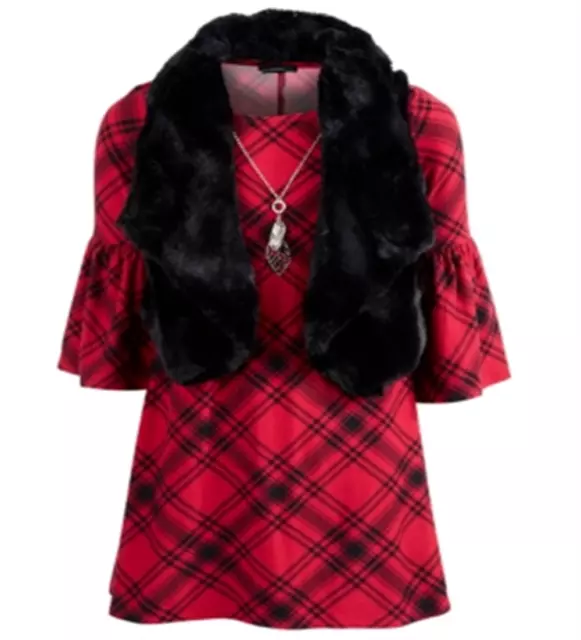 Sequin Hearts Big Girl's Fur Vest Plaid Dress & Necklace Set Black Size 16