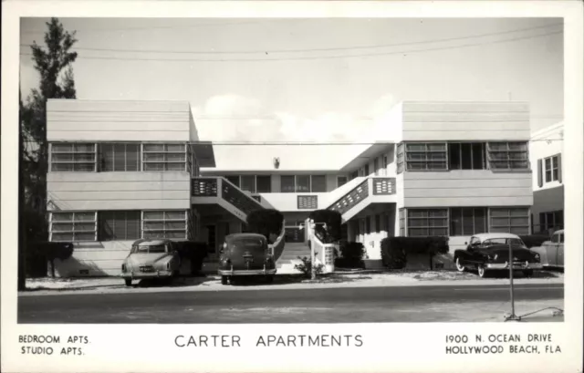 Hollywood Beach FL Carter Apartments Cars Real Photo Postcard