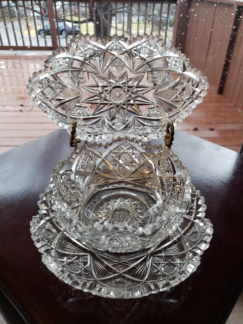 3 pc. Mayo Bowl Plate Relish American Brilliant Period Cut glass HAWKES Holland