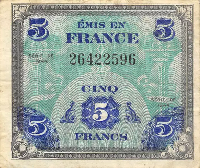 France  5  Francs  Series of 1944  WWII Issue  Circulated Banknote Mea81