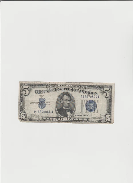 1934-C Five Dollar BLUE Seal Note Silver Certificate $5 Old US Bill Average Circ