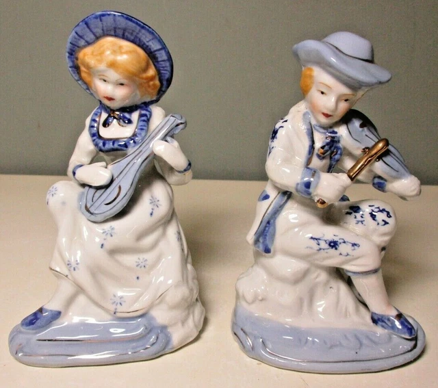 SET of 2 Vintage Blue/White PORCELAIN FIGURINES w/MUSICAL INSTRUMENTS