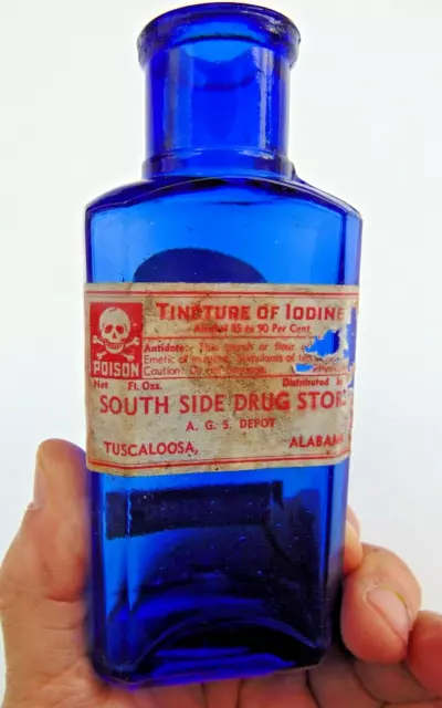 RARE Vintage TUSCALOOSA ALA. Cobalt Blue Labeled POISON BOTTLE - Skull - ALABAMA