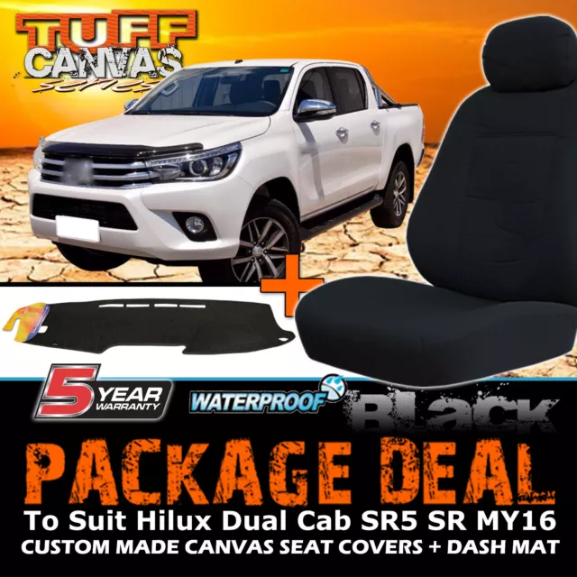 Canvas Seat Covers + Dash Mat For Toyota Hilux Dual Cab SR5 10/2015-2024