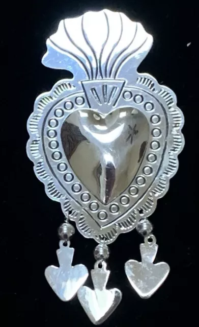 LARGE Mexican Sterling Silver Burning Heart Pin Pendant