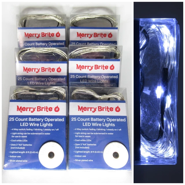 LED Wire Lights 4 Function Battery Operated Cool White Silver Wire 8ft Lot of 6