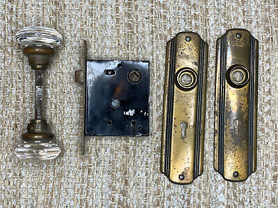 Antique Interior Mortise Lock, Glass Door Knobs & Brass Finish Door Knob Plates