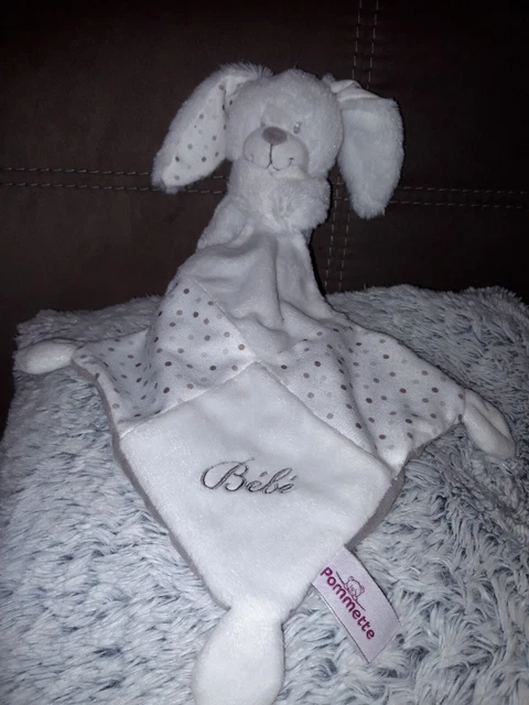 Pommette Doudou Lapin Blanc Mouchoir Blanc Gris Pois Bebe Ttbe