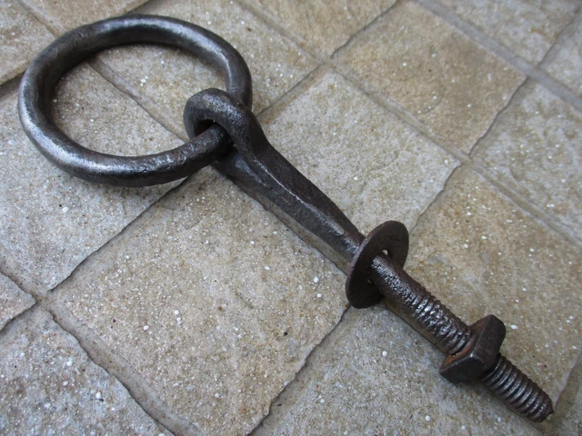 Antique Iron Tethering Ring on Pin Screw & Nut Meat Beam Game Hook Old Hardware. 2