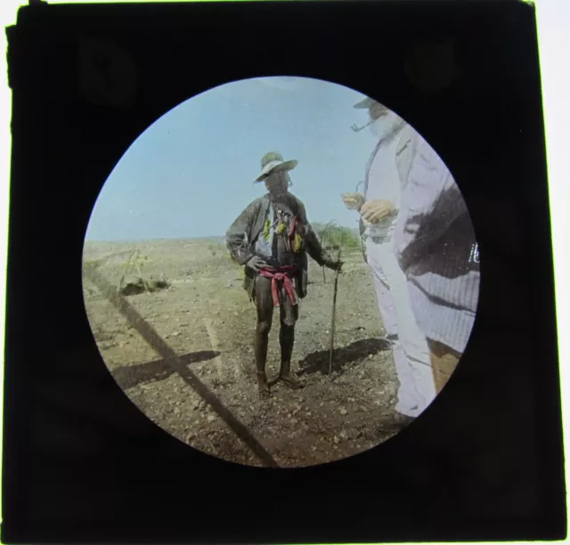 UNUSUAL Glass Magic Lantern Slide SMALL AFRICAN NATIVE WITH EUROPEANS C1900