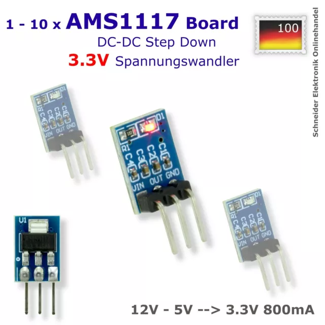 1 - 10 x AMS1117 5V zu 3,3V 800mA DC-DC Spannungswandler Step Down Buck Modul