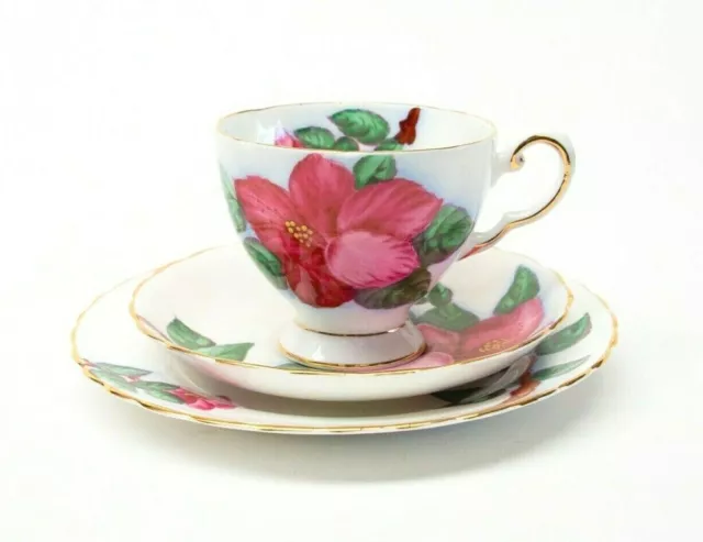 Tuscan Fine China UK, Trio, Red Hibiscus C9453, Gilt Trio Cup, Saucer and Plate