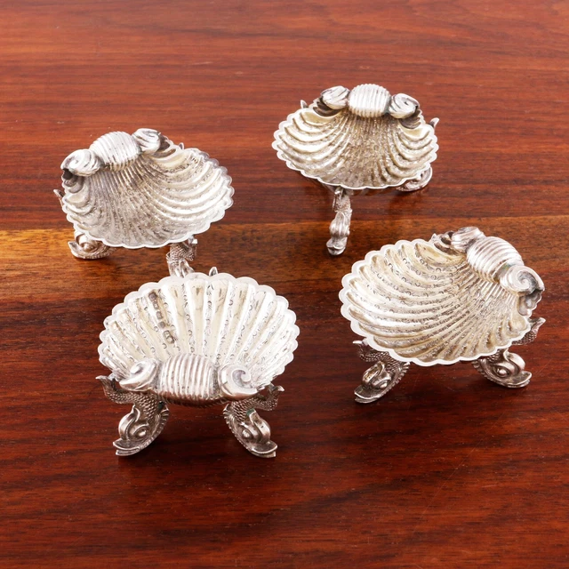 4 George Unite English Sterling Silver Dolphin Footed Salt Cellars 1873