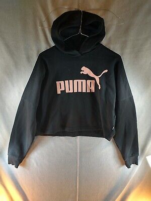 Puma Girl's Age 13 / 14 Years Black Cropped Hoodie Pink Spell Out