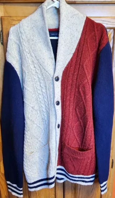 TOMMY HILFIGER Sweater Men's XXL 2XL LAMBSWOOL Striped Heavy Knit Shawl Cardigan