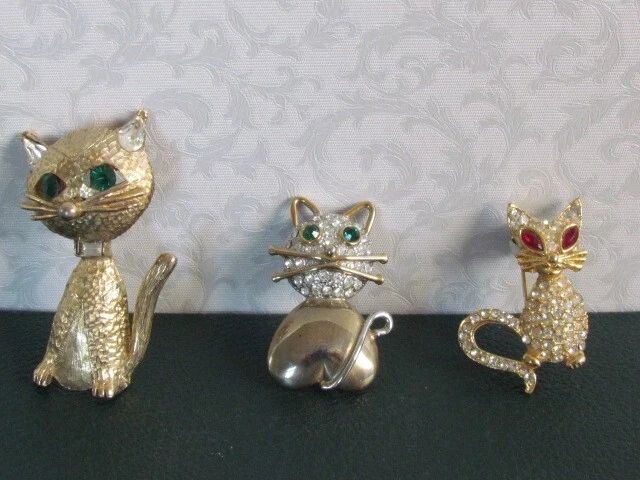 3 x CAT BROOCHES - rhinestone / sparkle