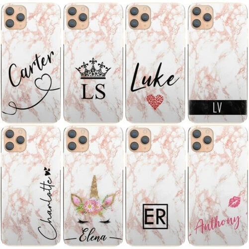 Personnalisé Initiale Étui Pour IPHONE 11 / Pro / Max Rose Marbre Rigide Housse