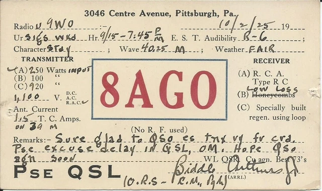 Vintage Ham Radio Qsl Cards 1925  8Ago   Pittsburgh, Pa.