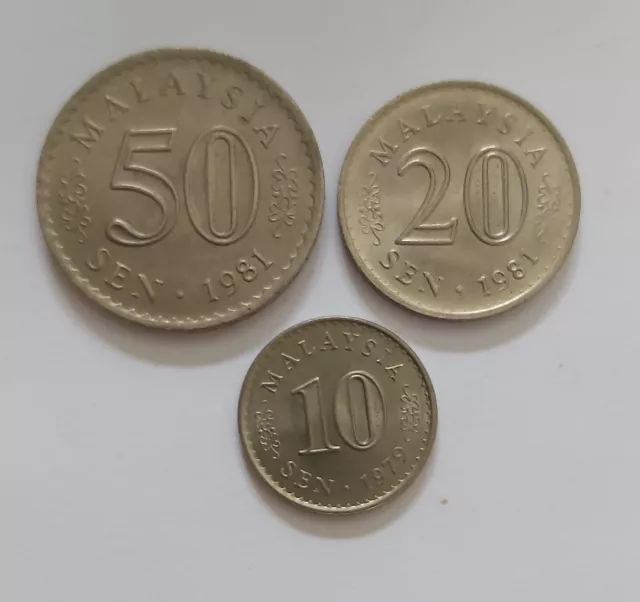 Qty:-3 -Malaysia 50 Sen,20 Sen,10 Sen Coins