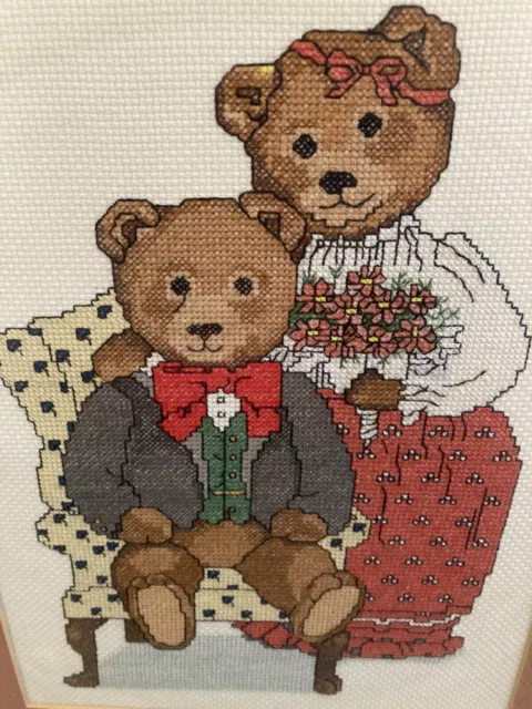Teddy Bears Large Completed Counted Cross Stitch Beautiful Gold Frame 1988