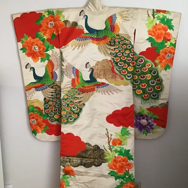 VTG Ivory Red Rainbow Peacock Embroidered Japanese Uchikake Wedding Kimono 打ち掛け