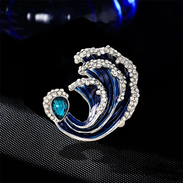 Blue Creative Luxury Wave Crystal Brooch Vintage Women and Men Suit Bouquet Pin