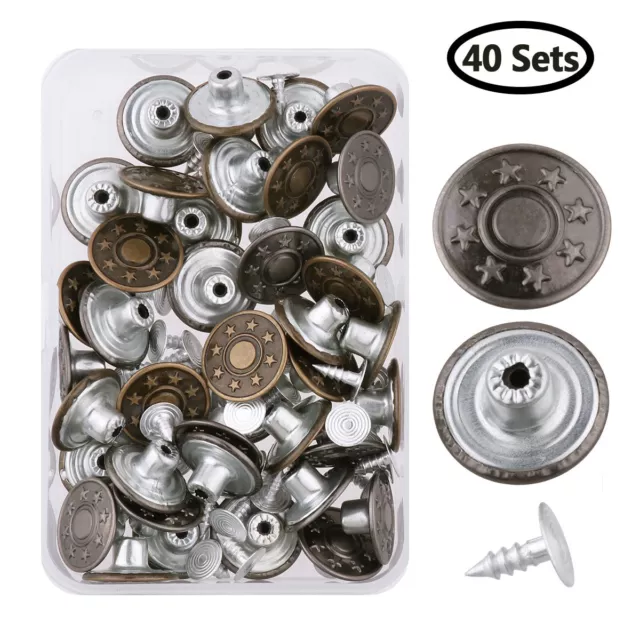 40 Sets 17mm Jeans Metal Button Tack Snap Buttons Replacement with Rivets+Box_HQ