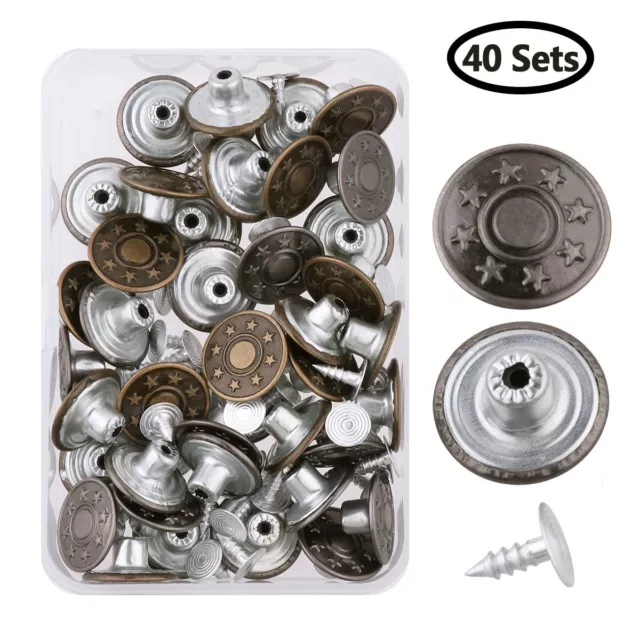 40 Sets 17mm Metal Jeans Button Tack Snap Buttons&Rivets Replacement Fitting Kit