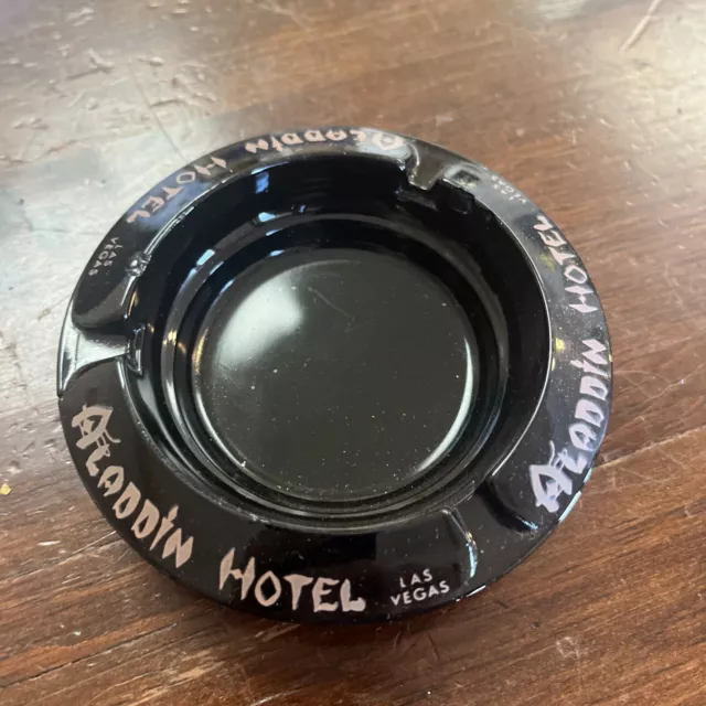 Vintage ALADDIN HOTEL CASINO Las Vegas Black Glass Round 4.25” Ashtray