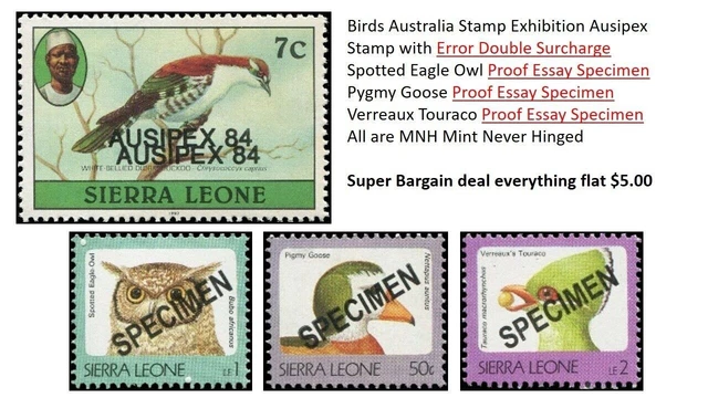 Birds Error Proof Essay Australia Stamp Expo Uhu Touraco Pygmy Goose MNH