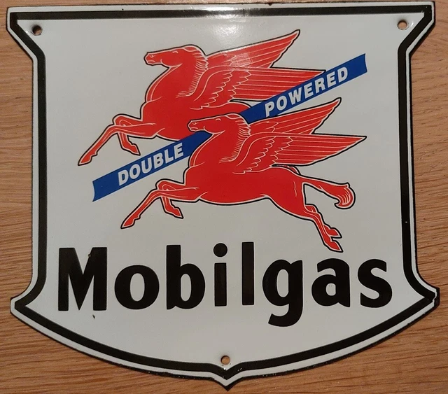 Grande plaque émaillée double face Mobiloil Détaillant - Collection